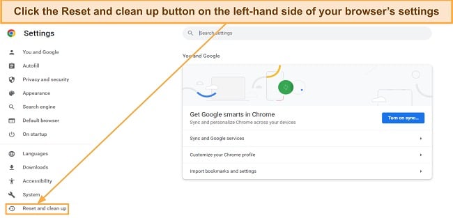 Screenshot showing how to access Google Chrome's Reset and clean up menu