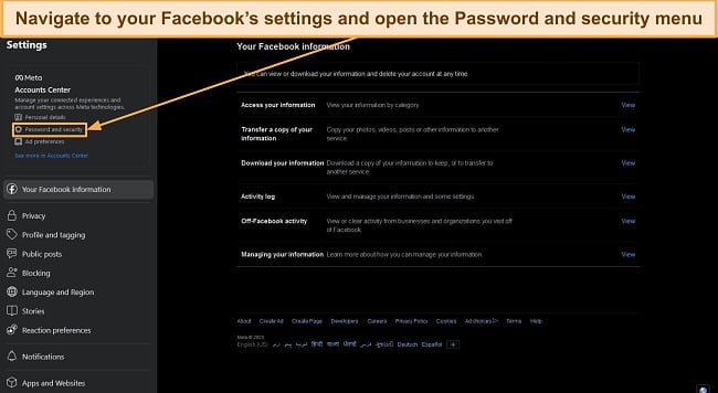 Screenshot showing Facebook's settings menu