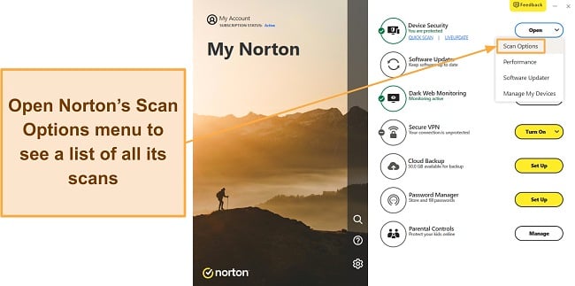 creenshot showing how to access Norton's available scans