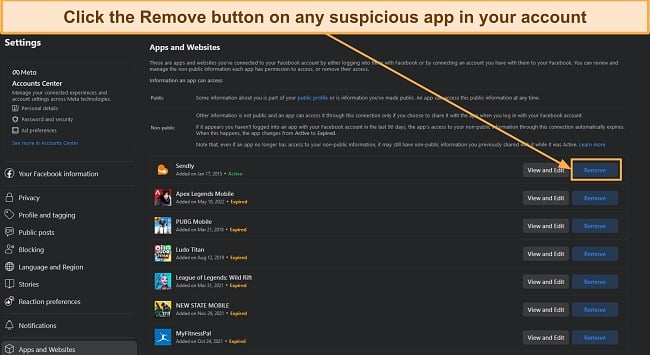 Screenshot showing how to remove suspicious apps and websites from your Facebook account