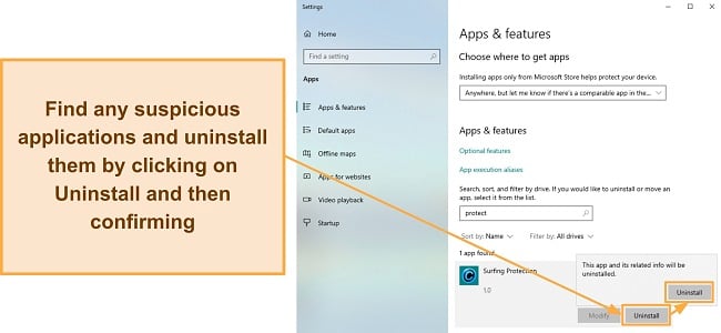 Screenshot showing how to uninstall suspicious applications on Windows