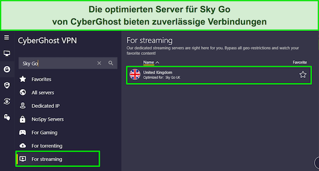 Die Windows-App von CyberGhost zeigt das Menü „Für Streaming“ und den dedizierten Sky Go UK-Server.