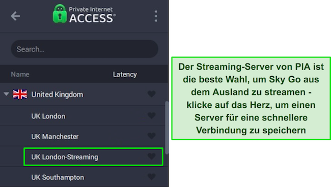 Die Windows-App von PIA zeigt den optimierten Streaming-Server für Großbritannien.