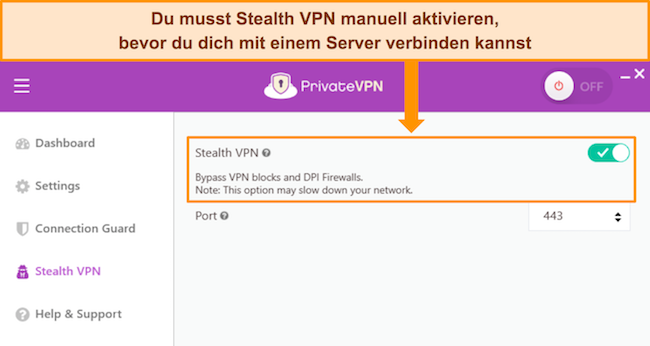 Die Windows-App von PrivateVPN zeigt die Stealth VPN-Einstellungen.