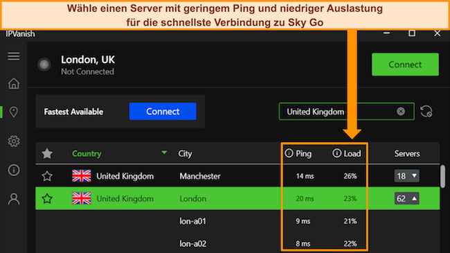 Die Windows-App von IPVanish, die die Ping- und Benutzerlastdetails für britische Server hervorhebt.