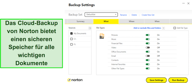 Screenshot, der die Cloud-Speichereinstellungen von Norton zeigt