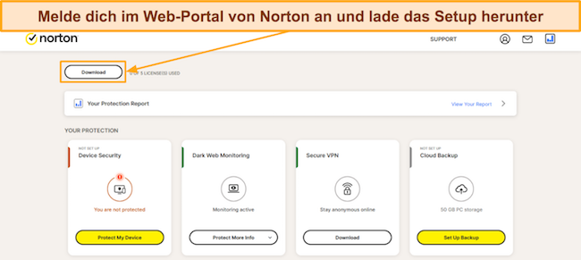 Screenshot, der die Download-Option im Norton-Webportal zeigt