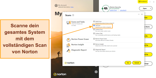 Screenshot mit den verfügbaren Scanoptionen in Norton