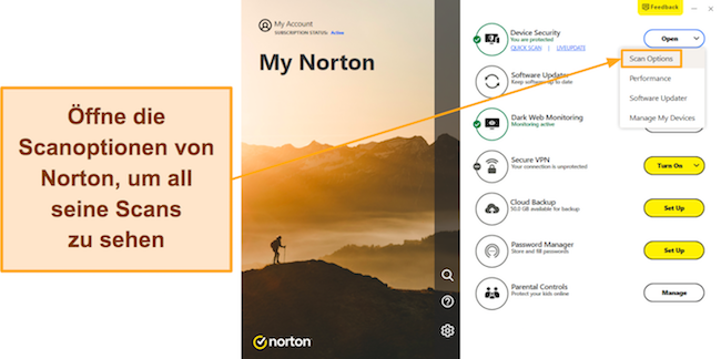 Screenshot, der zeigt, wie Sie auf die Scanoptionen von Norton zugreifen
