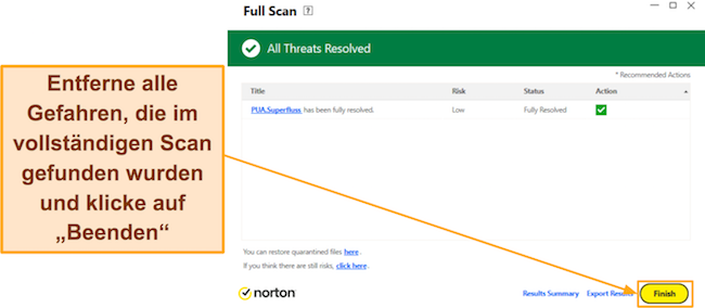Screenshot, der die Ergebnisse von Norton nach Abschluss eines vollständigen Scans zeigt