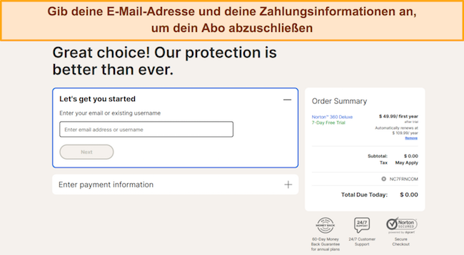 Screenshot, der zeigt, wie Sie Norton nach der Auswahl eines Plans abonnieren