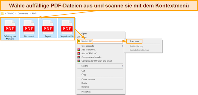 Screenshot, der zeigt, wie man PDF-Dateien mit Norton über das Kontextmenü scannt