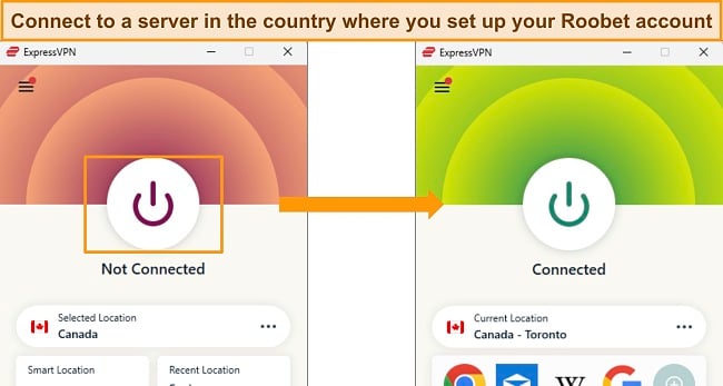 Screenshots of ExpressVPN's Windows app, showing the app disconnected and connected to a server in Canada.