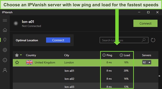 Screenshot of IPVanish's Windows app, showing UK server locations and highlighting the ping and load details of each server.