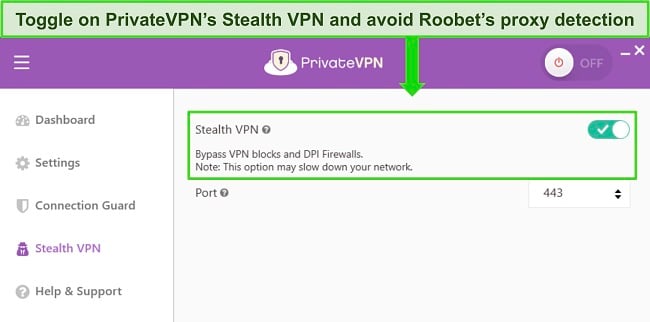 Image of PrivateVPN's Windows app, showing the Stealth VPN menu and directing the user to toggle the setting on.