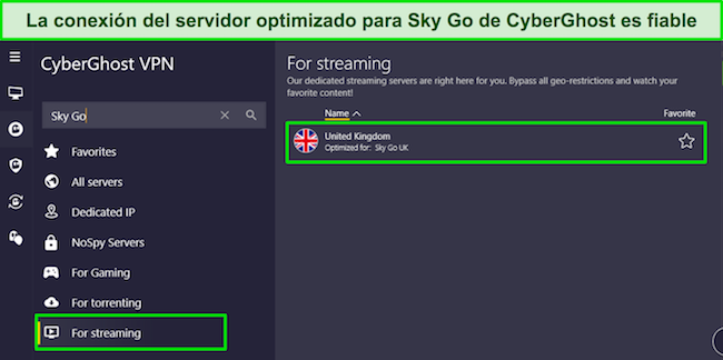 La aplicación de Windows de CyberGhost que muestra el menú 