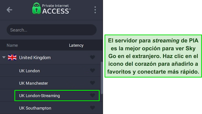 Aplicación de Windows de PIA que muestra el servidor de transmisión optimizado para el Reino Unido.