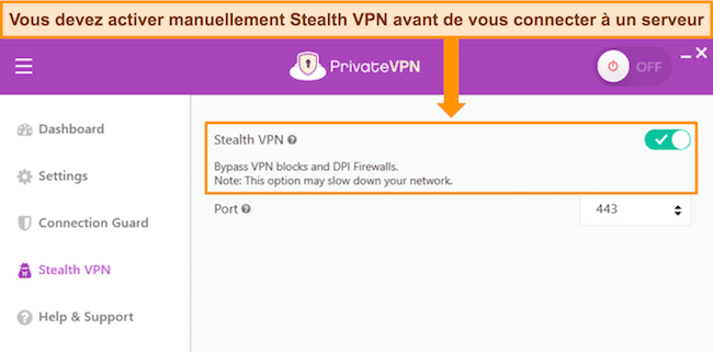 L'application Windows de PrivateVPN, affichant les paramètres du VPN furtif.