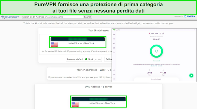 PureVPN si è connesso a un server statunitense con i risultati di un test di tenuta che mostra zero perdite di dati.