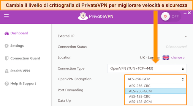 Dashboard dell'app Windows di PrivateVPN che mostra le opzioni di personalizzazione della crittografia OpenVPN.