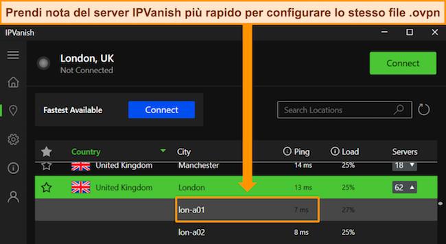 L'app Windows di IPVanish che mostra il nome del server e il ping in ms.