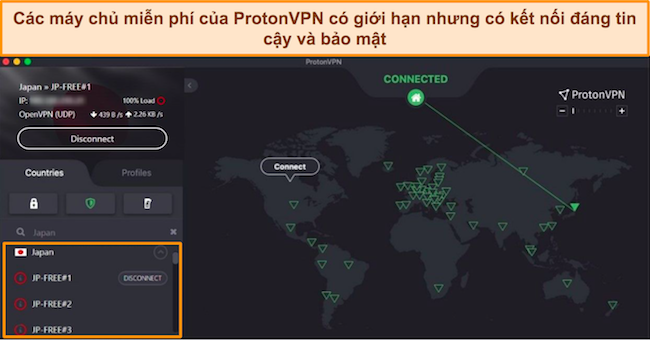 Ảnh chụp màn hình Proton VPN được kết nối với một máy chủ miễn phí tại Nhật Bản.