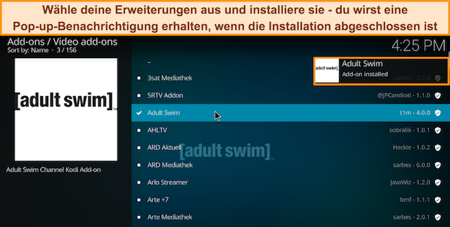 Screenshot der verschiedenen Add-ons, wobei Adult Swim hervorgehoben und installiert ist.