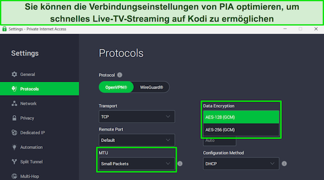 Die Windows-App von PIA zeigt die Protokolleinstellungen und hebt Datenverschlüsselung und MTU-Elemente hervor.