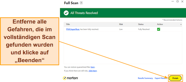 Screenshot, der zeigt, wie der vollständige Scan von Norton beendet wird