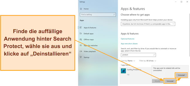 Screenshot, der zeigt, wie man eine verdächtige App findet und deinstalliert