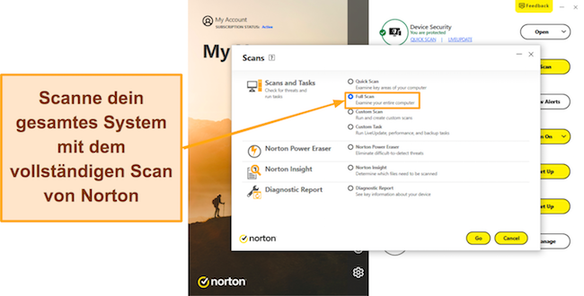 Screenshot, der zeigt, wie ein vollständiger Scan mit Norton gestartet wird