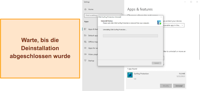 Screenshot, der die laufende Deinstallation einer verdächtigen App zeigt