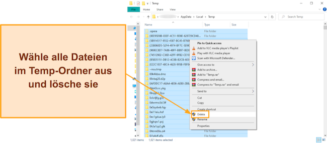 Screenshot, der zeigt, wie alle Dateien aus dem Ordner für temporäre Dateien gelöscht werden