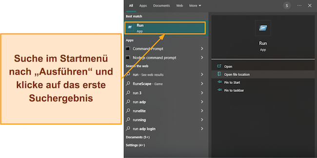 Screenshot, der zeigt, wie Sie unter Windows auf das Befehlsfenster „Ausführen“ zugreifen