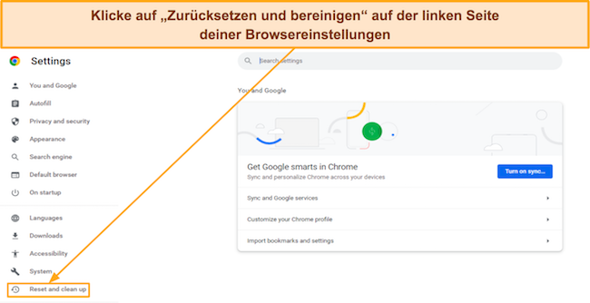 Screenshot, der zeigt, wie Sie in Google Chrome auf das Menü „Zurücksetzen und Bereinigen“ zugreifen