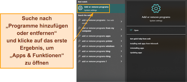 Screenshot, der zeigt, wie Sie unter Windows auf das Menü „Apps und Funktionen“ zugreifen