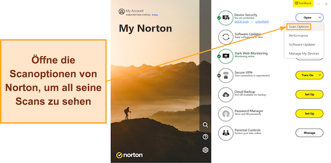 Screenshot, der zeigt, wie man auf die verfügbaren Scans von Norton zugreift