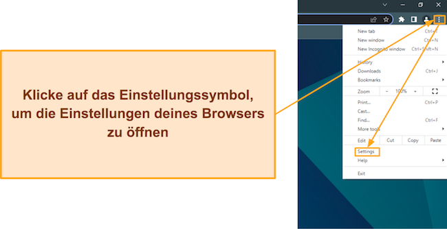 Screenshot, der zeigt, wie man in Google Chrome auf die Browsereinstellungen zugreift