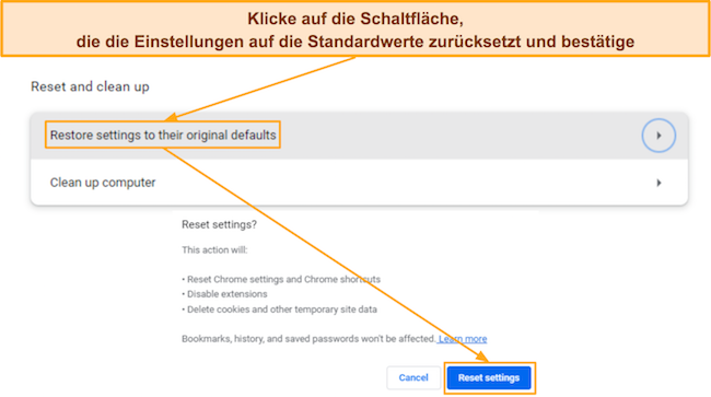 Screenshot, der zeigt, wie die Browsereinstellungen in Google Chrome auf die ursprünglichen Standardeinstellungen zurückgesetzt werden