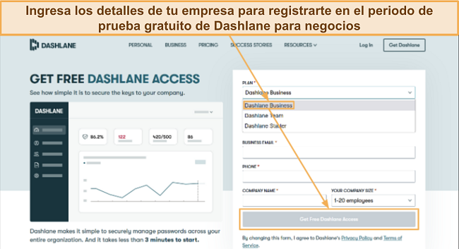 Captura de pantalla mostrando cómo registrarse para el periodo de prueba gratuito de Dashlane para empresas