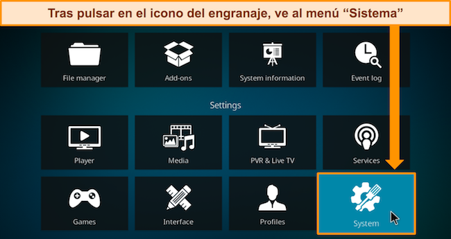 Imagen de la pantalla del Sistema de Kodi, mostrando las diferentes opciones y dirigiendo al usuario al menú 