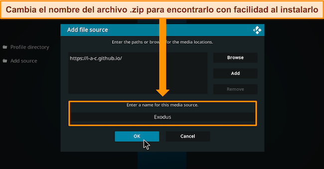 Captura de pantalla del Administrador de archivos de Kodi, que solicita al usuario que ingrese un nombre memorable para el archivo fuente para facilitar el acceso durante la instalación.