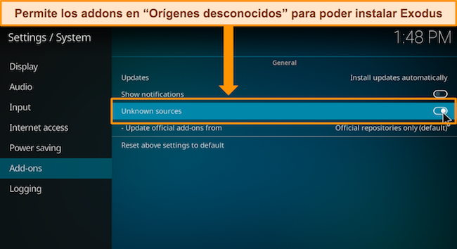 Imagen del menú Configuración/Sistema de Kodi, resaltando la opción 