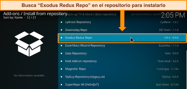 Imagen del menú del repositorio de Kodi, que indica al usuario que busque Exodus Redux Repo para instalarlo desde el repositorio.