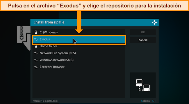 Captura de pantalla de Exodus en Kodi.