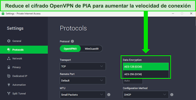 Imagen de la aplicación de Windows de PIA, que muestra el menú de protocolos y cómo reducir los niveles de cifrado para el protocolo OpenVPN.