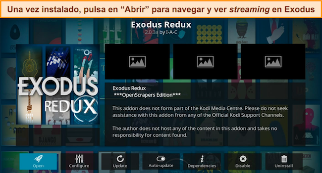 Captura de pantalla del complemento Exodus Redux Kodi listo para usar después de la instalación.