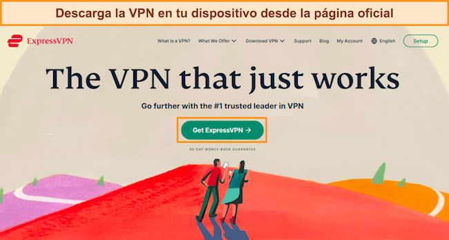 Captura de pantalla del sitio web oficial de ExpressVPN, resaltando el botón 