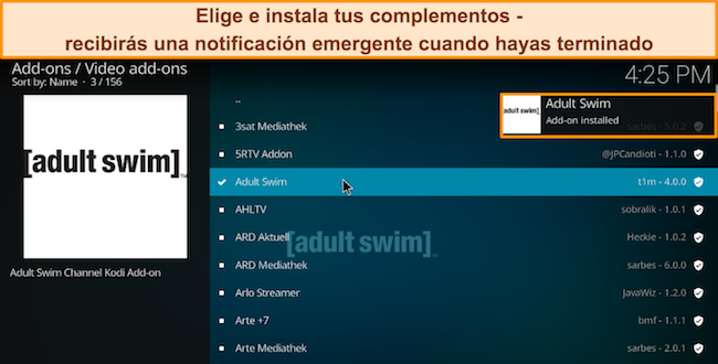 Captura de pantalla que muestra los distintos complementos, con Adult Swim resaltado e instalado.