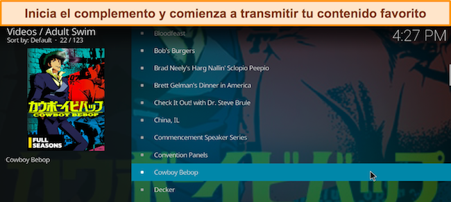 Captura de pantalla del complemento Adult Swim Kodi abierta, con Cowboy Bebop resaltado y listo para transmitir.
